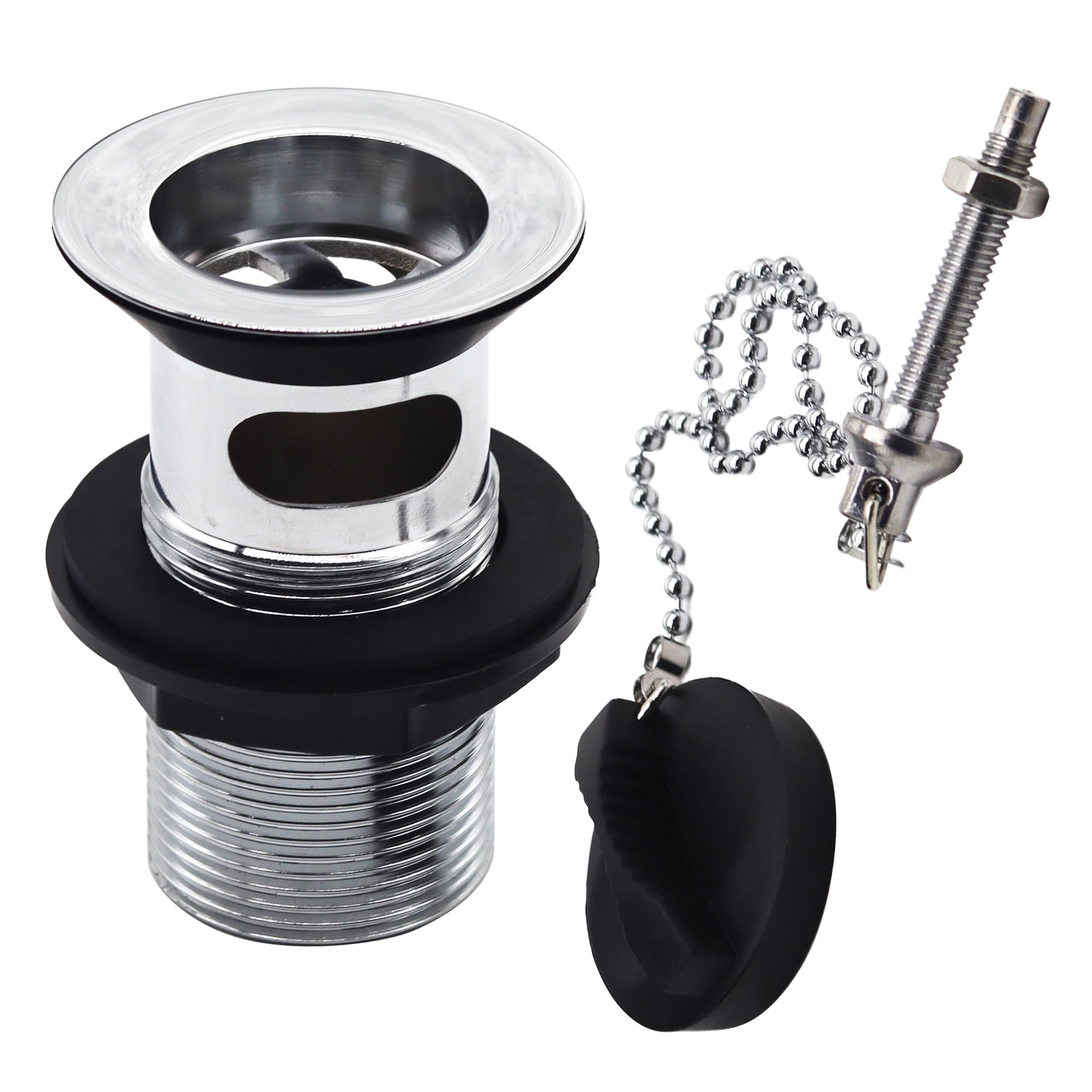 Deva DW300 Replacement Metal Slotted Basin Waste Complete with Brass Chain Black Poly Plug and Stay 1-1/4" Chrome Bathroom Sink Hole Drain Trap Kit