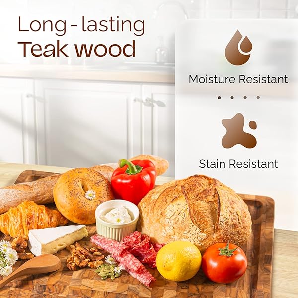 YES4ALL MEDIUM END GRAIN TEAK CUTTING BOARD FOR KITCHEN, 17”L X 13”W X 1.5” THICK, DURABLE WOOD WITH JUICE GROOVES, PRE-OILED, EASY GRIP HANDLES, ESSENTIAL KITCHEN UTENSILS SET
