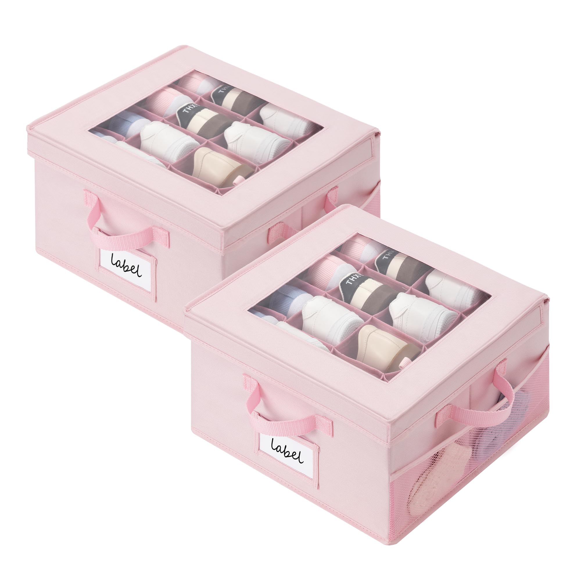 GRANNY SAYS Shoe Organizer for Closet, Fits up to 8 Pairs, 2 Pack Shoe Cubby Storage Containers with Side Mesh Pocket and Flip-Top Lids, Pink