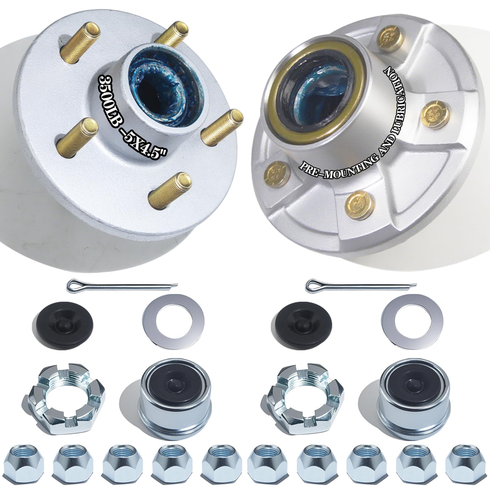 View 1 of ?OZISENS 2 Sets 3500 lbs Pre-Iubricated Trailer Hub Kits 5 Bolt 4.5 for 1-1/16'' to 1-3/8'' #84 Tapered Spindle,Pre-Assmelde L44649 L68149 Bearings and Grease Seal 5x4.5 Trailer Idler Hub kit