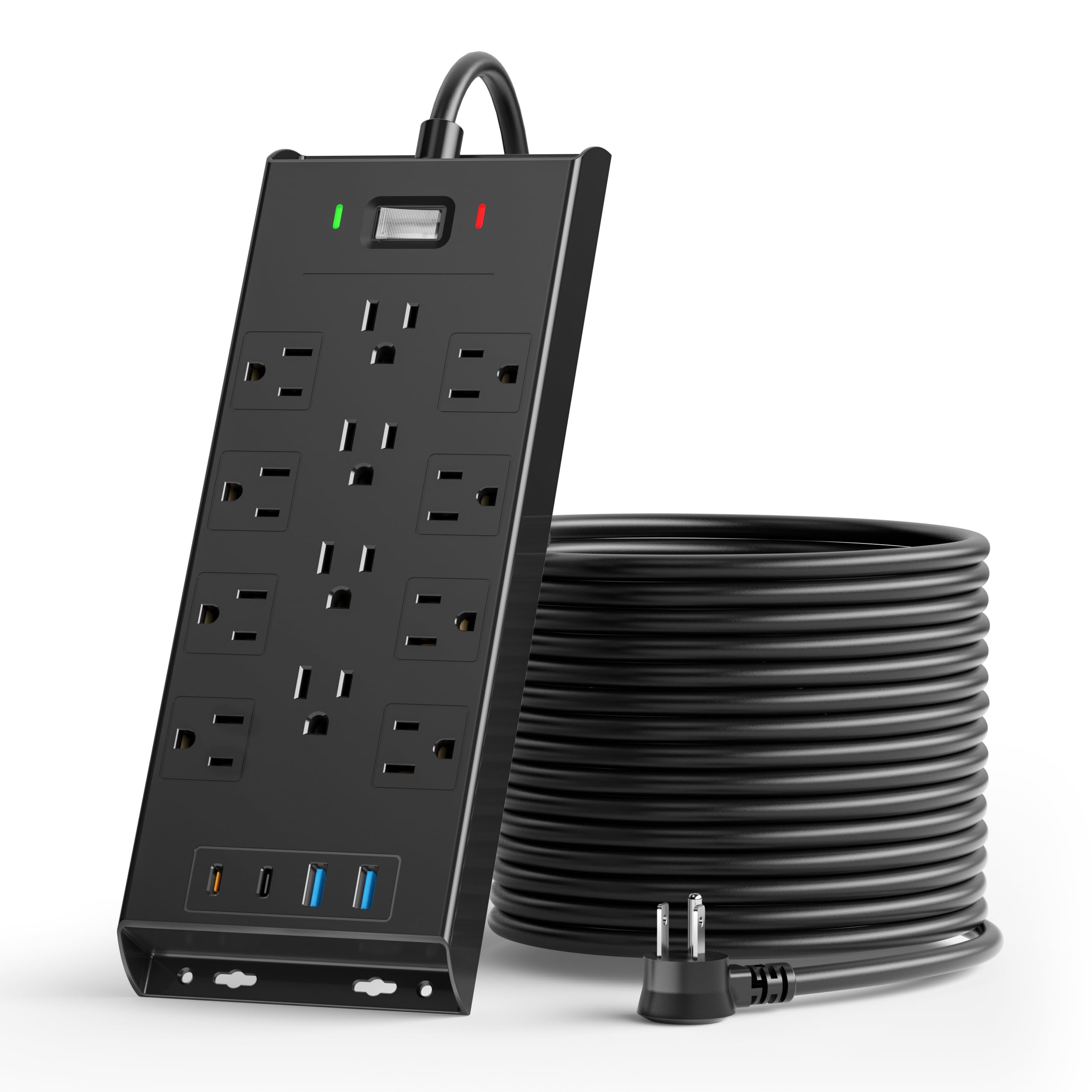 Surge Protector Power Strip 4800J - LeZone Flat Plug Extension Cord 5Ft, 12 Outlets 2 USB C 2 USB Ports, Wall Mountable, 20W Desk Charging Station, Black
