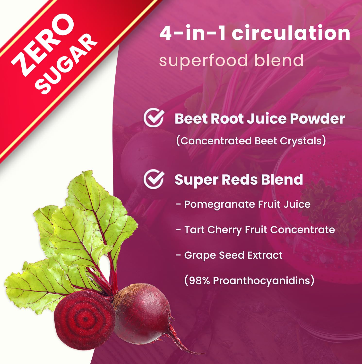 NutraChamps Beet Root Powder Circulation Supplement, Superfood Powder Nitric Oxide with Beetroot Juice, Super Reds & Grape Seed Extract, No Sugar Beet Supplement - 8.74 Oz