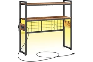 HOOBRO Desktop Bookcase, 2-Tier Desktop Organizer, 29.9" Wooden Office Storage Rack with Outlets, Display Shelf Rack with Light Strip, Desk Hutch for Office, Rustic Brown BF11UDSJ01