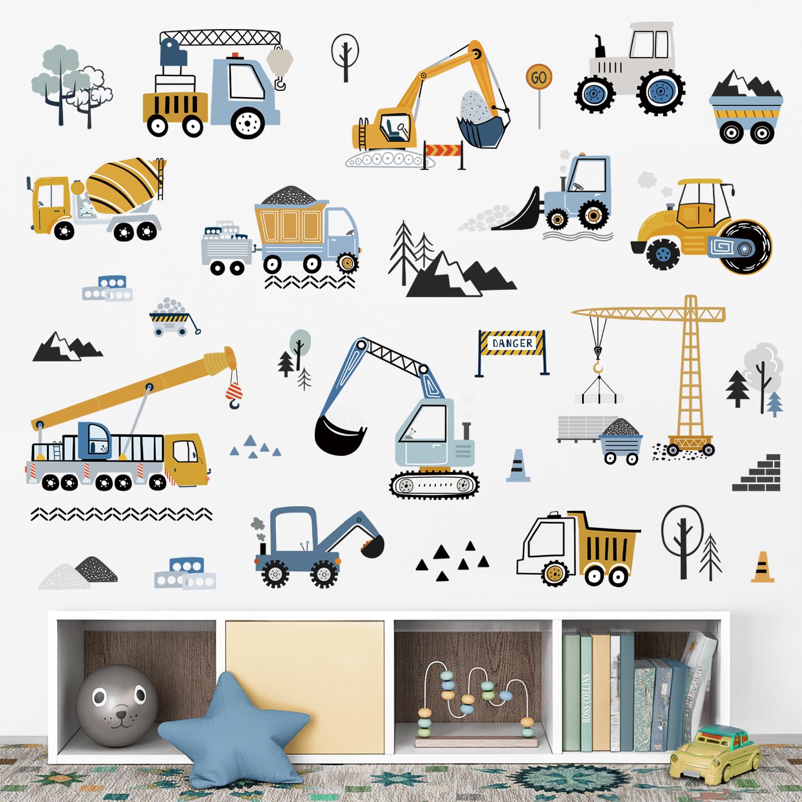 decalmile Construction Vehicles Wall Stickers Trucks Tractor Excavator Crane Wall Decals Nursery Boys Bedroom Playroom Wall Decor