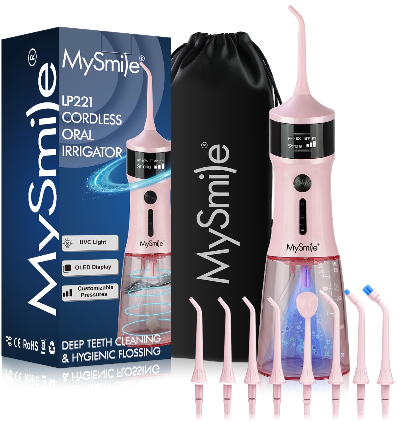MySmile LP221 UVC Sterilizable Cordless Water Flossers for Teeth 335ML Portable OLED Display Dental Flosser with 4 Modes 8 Jet Tips and a Storage Pouch for Home and Travel (Juicy Pink)
