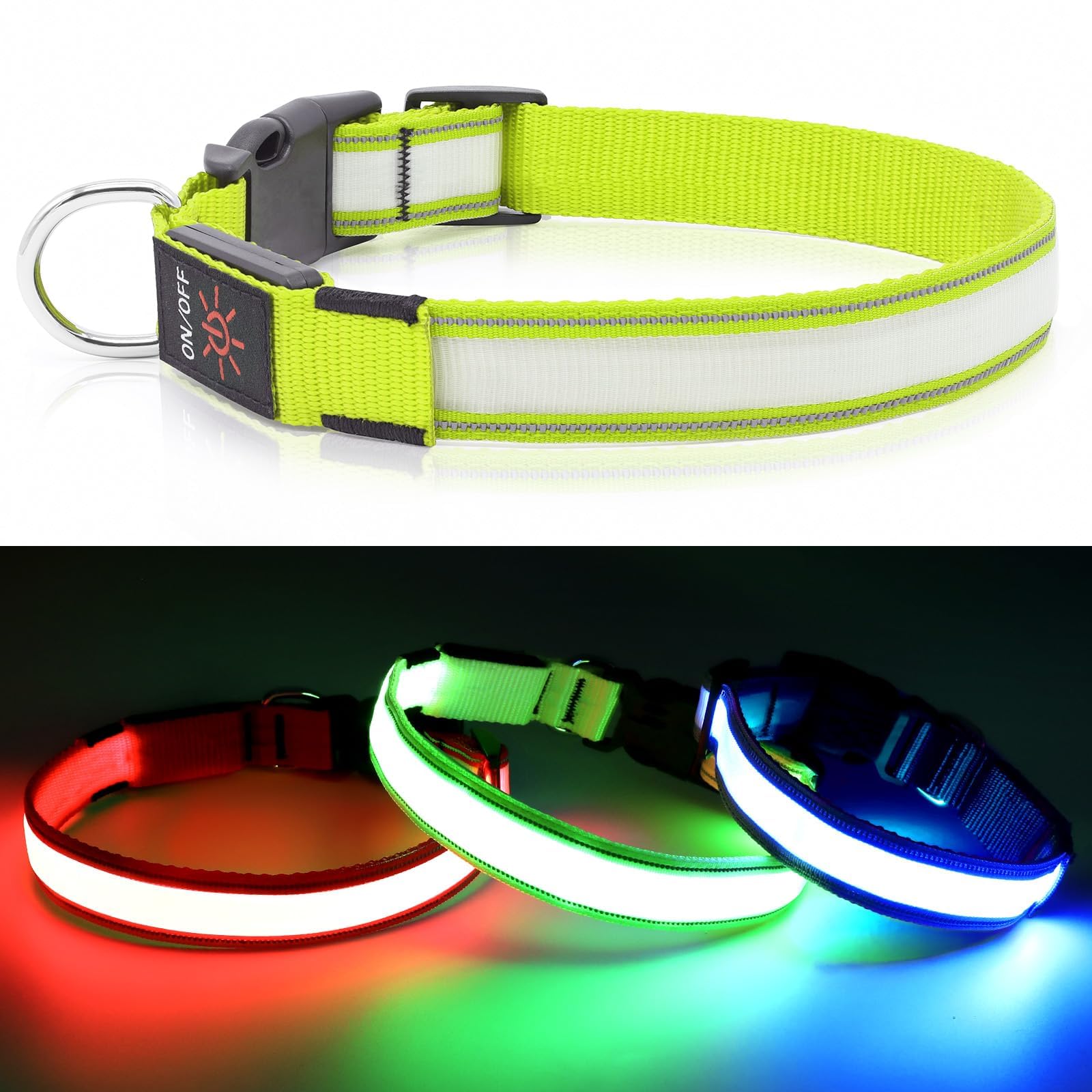 Visinite LED Dog Collar USB Rechargeable, Reflective Light Up Pet Collar for Night Walking, Adjustable Glow Collar for Small Medium Large Dogs (Green, L)
