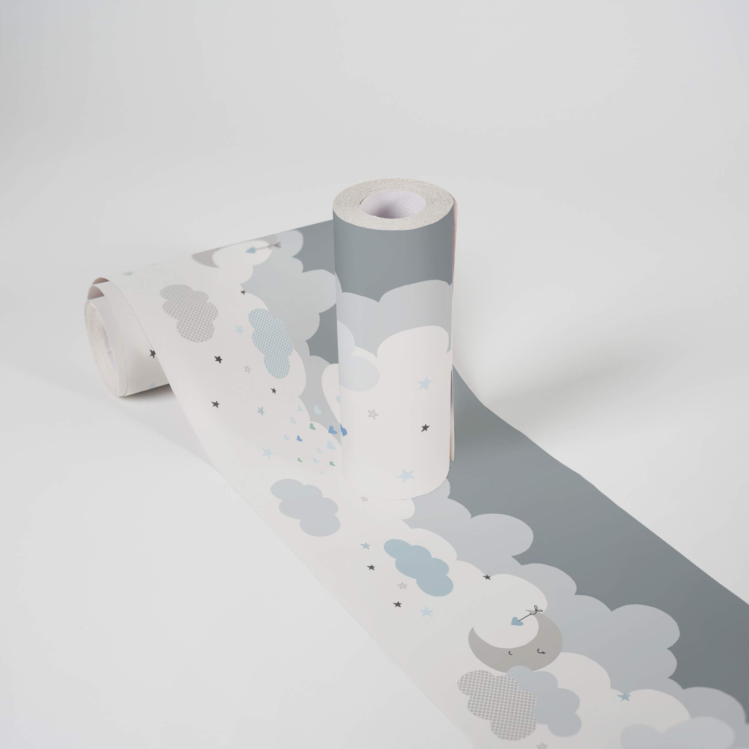 Birsppy Wallpaper Borders Self-Adhesive Lovely Kids Dreamy Sky A.S. Création Wallpaper Borders for Kids 5.00 m x 0.155 m Grey Blue White Made in Germany 403744 403744