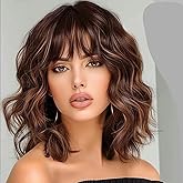 Lativ Brown Highlight Wigs for Women Short Wavy Curly Bob Wig with Bangs Shoulder Length 14 Inches Synthetic Hair for Daily Party Use