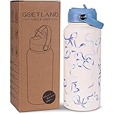 Goetland Ribbon Water Bottle with Straw Lid 32 oz Stainless Steel Wide Mouth Vacuum Double Insulated Drinking Cup Cute Leakproof UV Printing For Women Girls Blue
