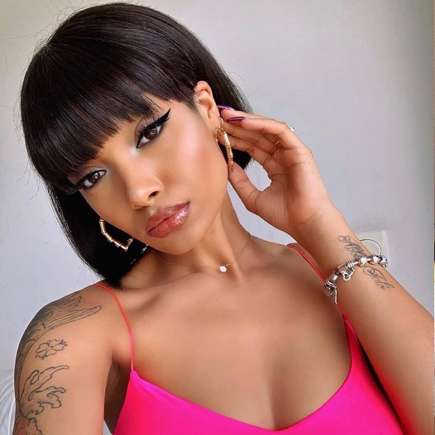 FASHION IDOL Bob Human Hair Wig with Bangs for Black Women Short Straight Hair 10 Inch Natural Black Glueless Machine Made Short Bob Wigs Wear and Go