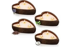 MTLEE 4 Pcs Heart Wooden Dough Bowl Candles 4 Fragrances, 3 Wicks Each 10 Inch Farmhouse Dough Bowl Candles For Anniversary Engagement Wedding Birthday Valentine Christmas Gift Table Centerpiece Decor
