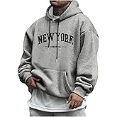 GORGLITTER Men's Oversized Hoodie Y2k Letter Graphic Long Sleeve Hooded Sweatshirt Streetwear Pullovers with Pocket