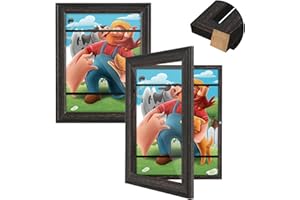 GULETHUN Kids Artwork Frames Changeable, [2Pack] [Solid Wood] Kids Art Frame, 9x12" Front Opening Artwork Display Storage Frame for Wall, Holds 150Pcs, for 3D Art, Crafts, Children Drawings, Hanging Art, Black