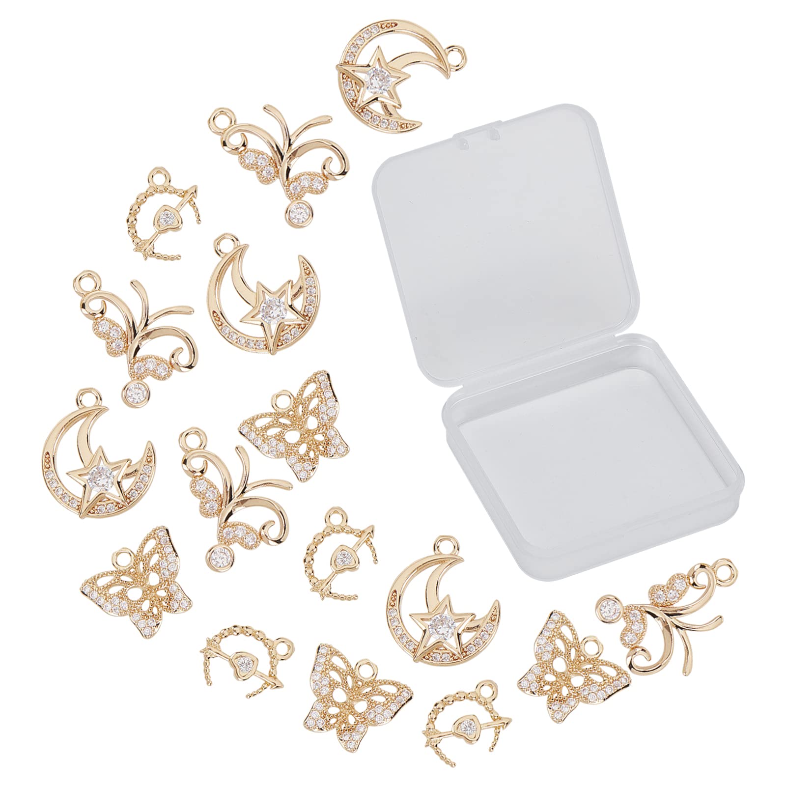 SUNNYCLUE 1 Box 16Pcs 4 Styles Rhinestone Pendant Charms Butterfly Star Moon Heart Gold Plated Brass Hollow Charms Cubic Zirconia for Necklaces Earrings DIY Crafts Jewelry Making Supplies