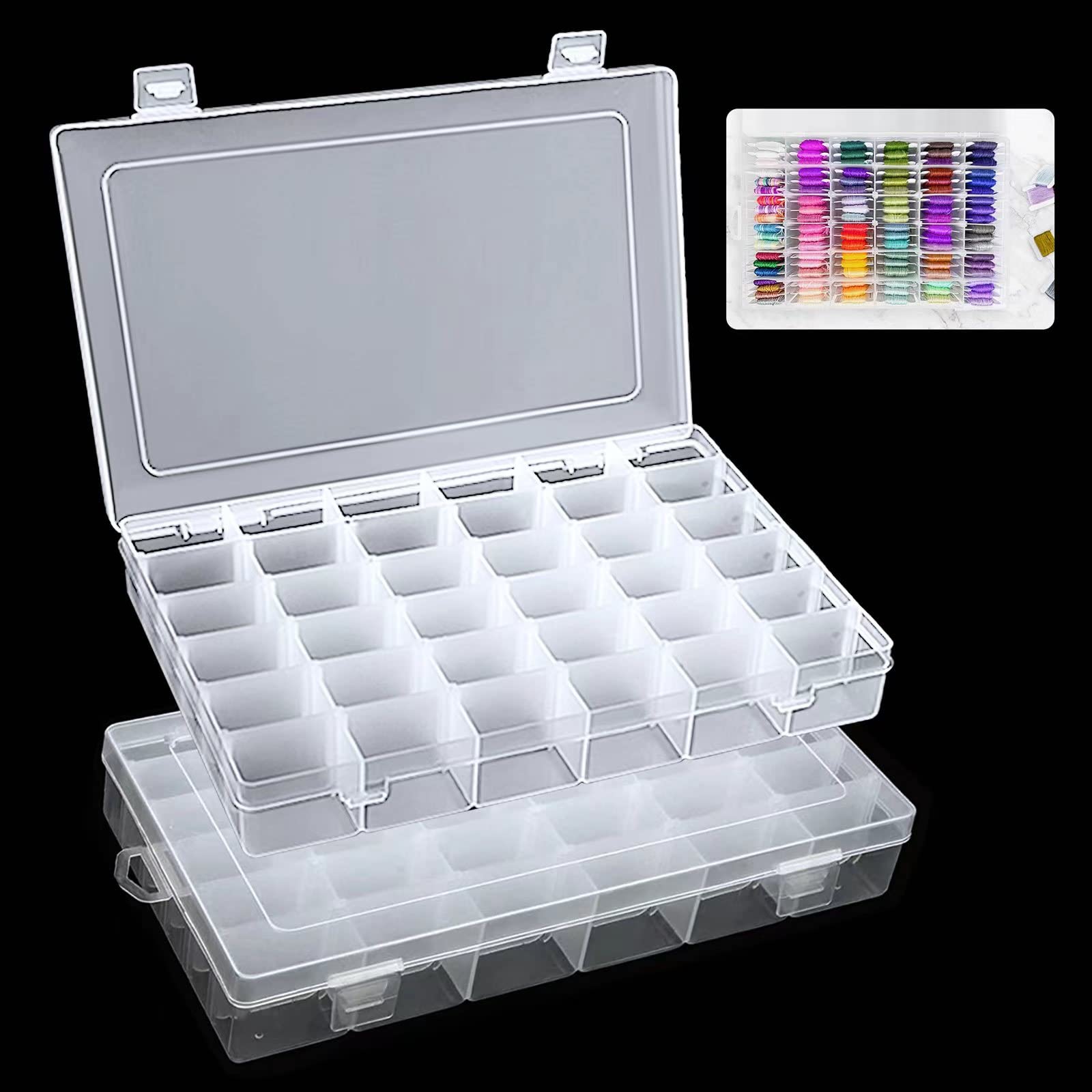DONQL 2 Pcs 36 Grids Jewelry Storage Boxes, Small Plastic Organiser Box, Clear Craft Storage Box with Adjustable Compartments for Earrings, Beads, Fishing Hook and Small Accessories