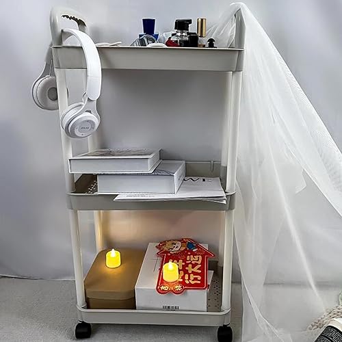 HanYun 3-Tier Plastic Storage Cart, Off-White, 60x29.5x20.5cm, Kitchen, Office, Laundry, Bathroom