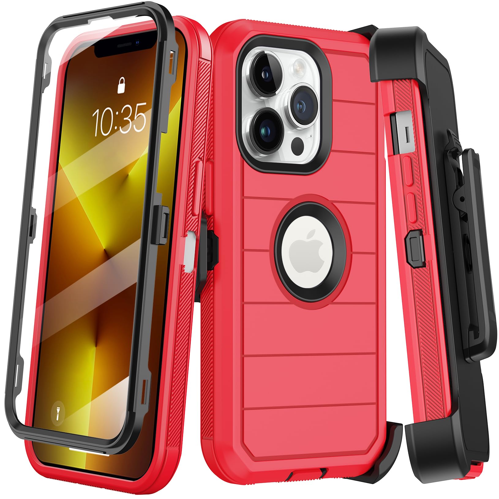 KECAI for iPhone 13 Pro Max Case with Belt Clip Holster & Kickstand,Built-in Screen Protector,Heavy Duty Shockproof Drop Protection Military Grade Full Body Rugged Phone Cover (6.7 Inch) (Red)