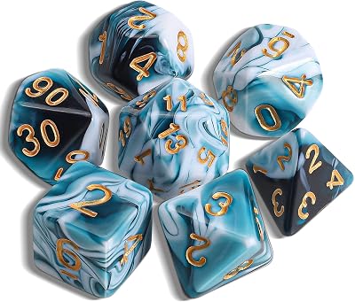QMay DND Dice Polyhedral 7 Pieces Cyan White D20 D12 D10 D8 D6 D4 Set