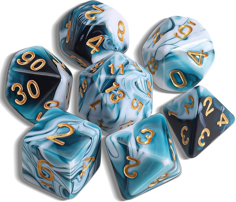 QMay DND Dice Polyhedral 7 Pieces Cyan White D20 D12 D10 D8 D6 D4 Set