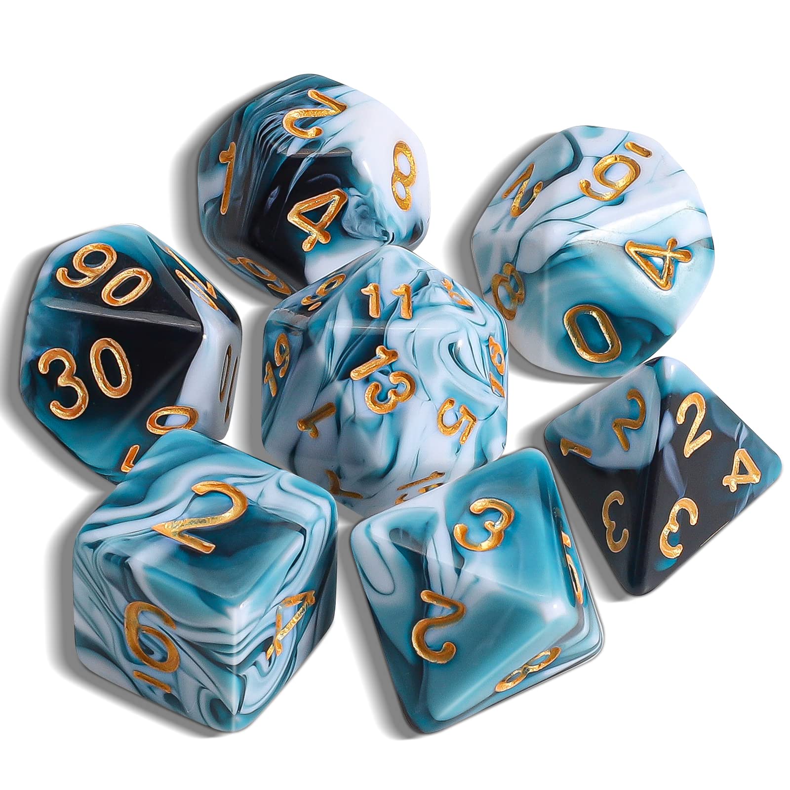 QMAY DND Dice Polyhedral Dice Set - 7 Pieces for Dungeon and Dragons MTG RPG D&D D20, D12, D10, D%, D8, D6, D4 (Cyan and White)