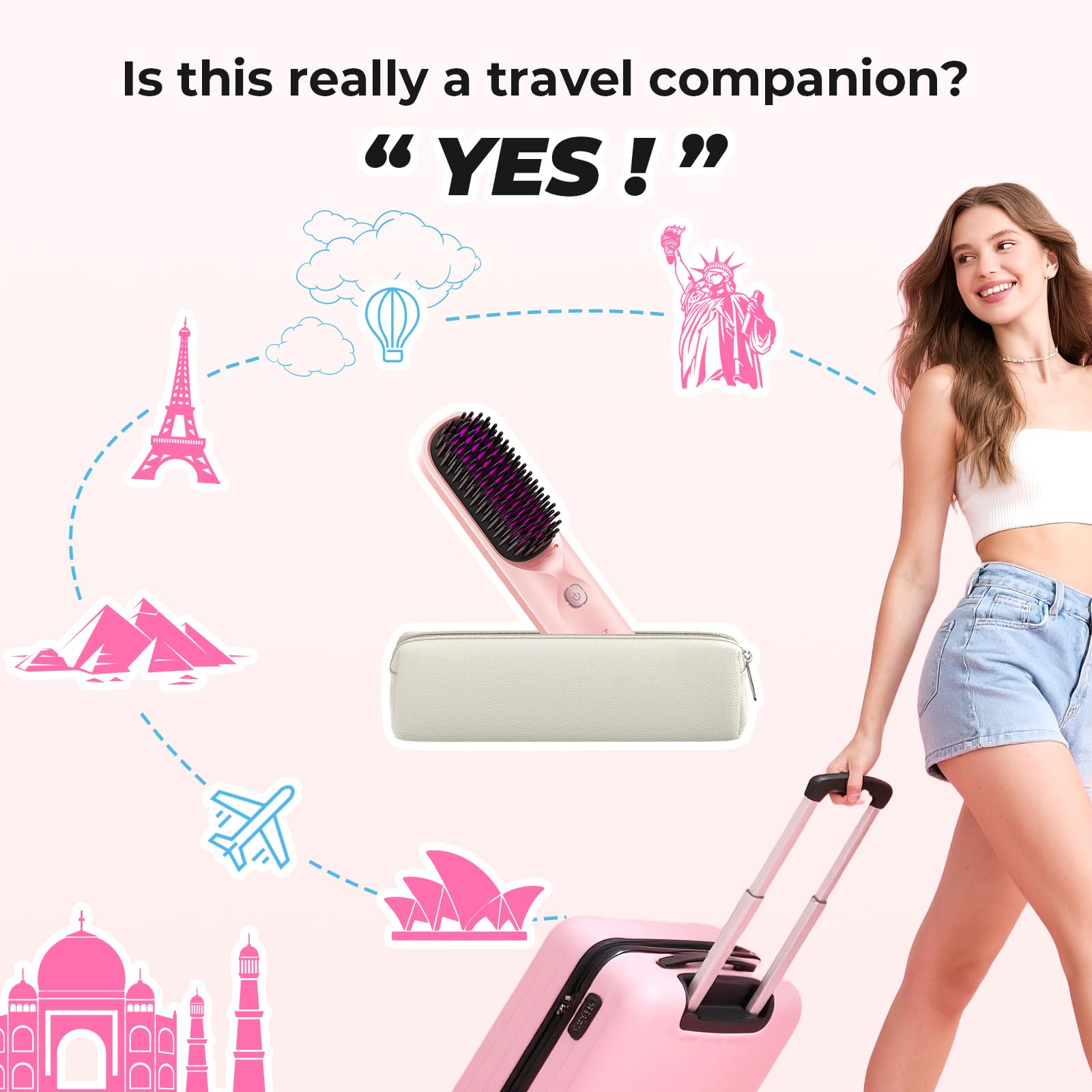 Cordless Hair Straightener Brush - Portable Hair Straightening Brush for Travel - 300M Negative Ions for Frizz-Free Shine, Touch Up On-The-Go, Fast Heating, Gift for Women, 10,000mAh