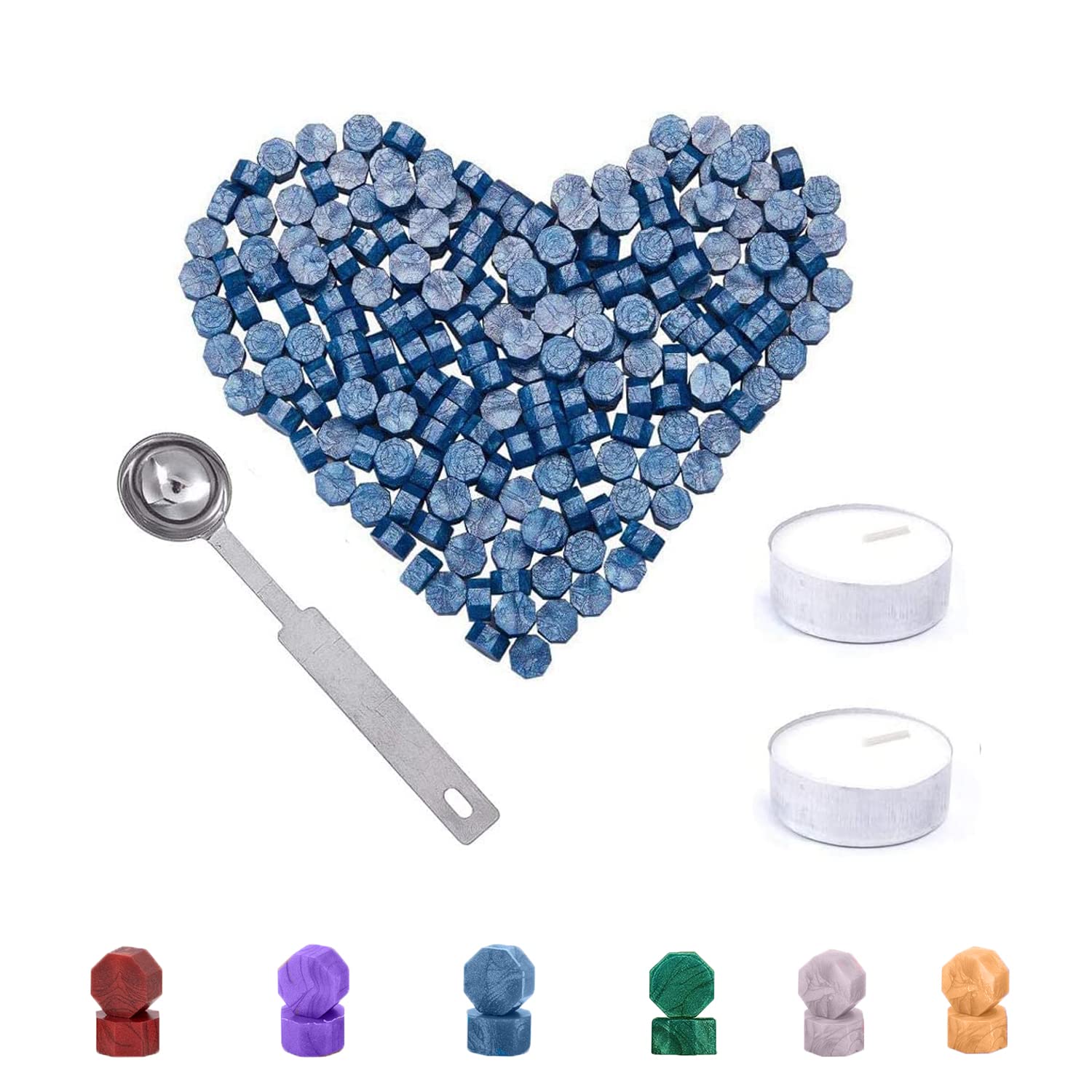 Sealing Wax Set, 200 Sealing Wax Beads, Wax Seal with 2 Tea Candles + 1 Wax Sealing Wax Spoon, Sealing Wax for Wax Seal Stamp, Octagonal Sealing Polish Beads with Storage Box (Blue)