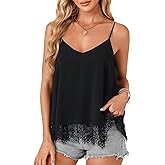 LYANER Women's Summer Cute Cami Shirts V Neck Spaghetti Strap Sleeveless Lace Trim Tops Solid Black Large