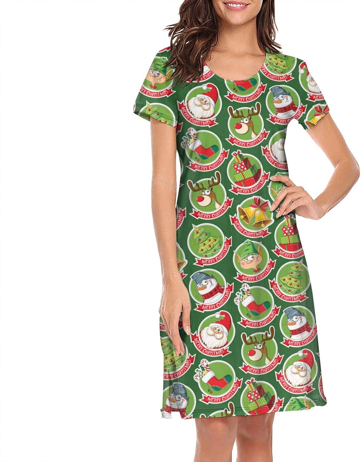 Woman Nightgowns Funny Green Christmas Cartoon Pullover Design Short Sleeve Nightdress at Amazon
