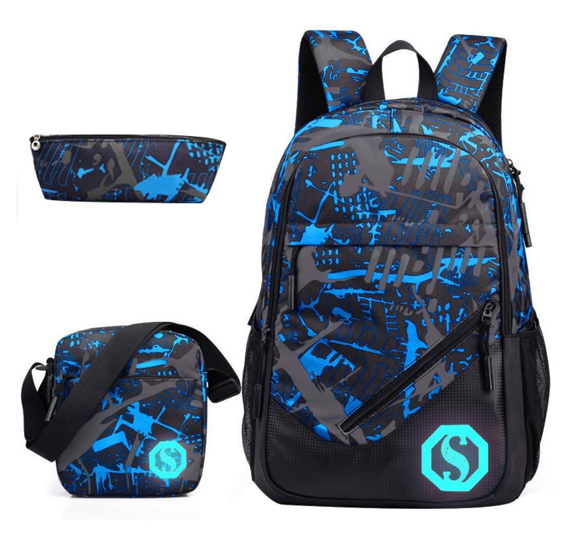 SellerFun Teenage Boy Girl Unisex Multifunctional School Bag Backpack with Florescent Mark(ColorF 3 Sets,20L)