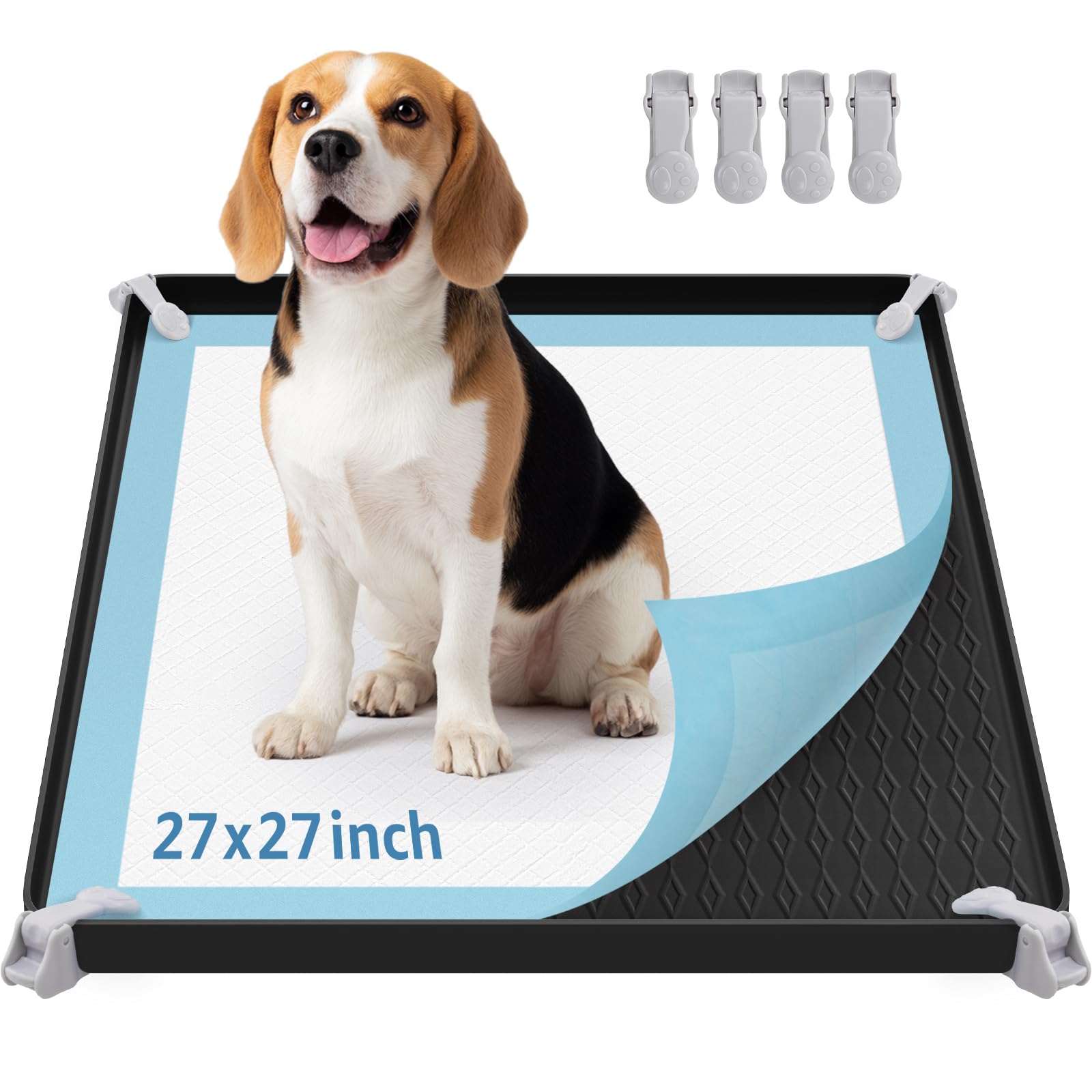 Photo 1 of LOOBANI Dog Pee Pad Holder - Puppy Pad Tray for 27" x 27" Square Training Pads - Silicone Potty Tray with 4 Clamps & High Edge Puppy Pad Holder Tray, Non-Slip,Portable, Leak-Proof Mat Holder, Black