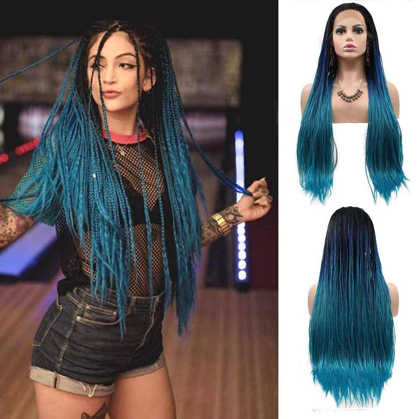 Blue Braided Wigs for Black Women Long Straight Box Braids Wig Black Ombre Blue Micro Braid Wig Realistic Hairline Glueless Knotless Braided Coloured Wigs Synthetic Heat Resistant Hair Cosplay 26Inch