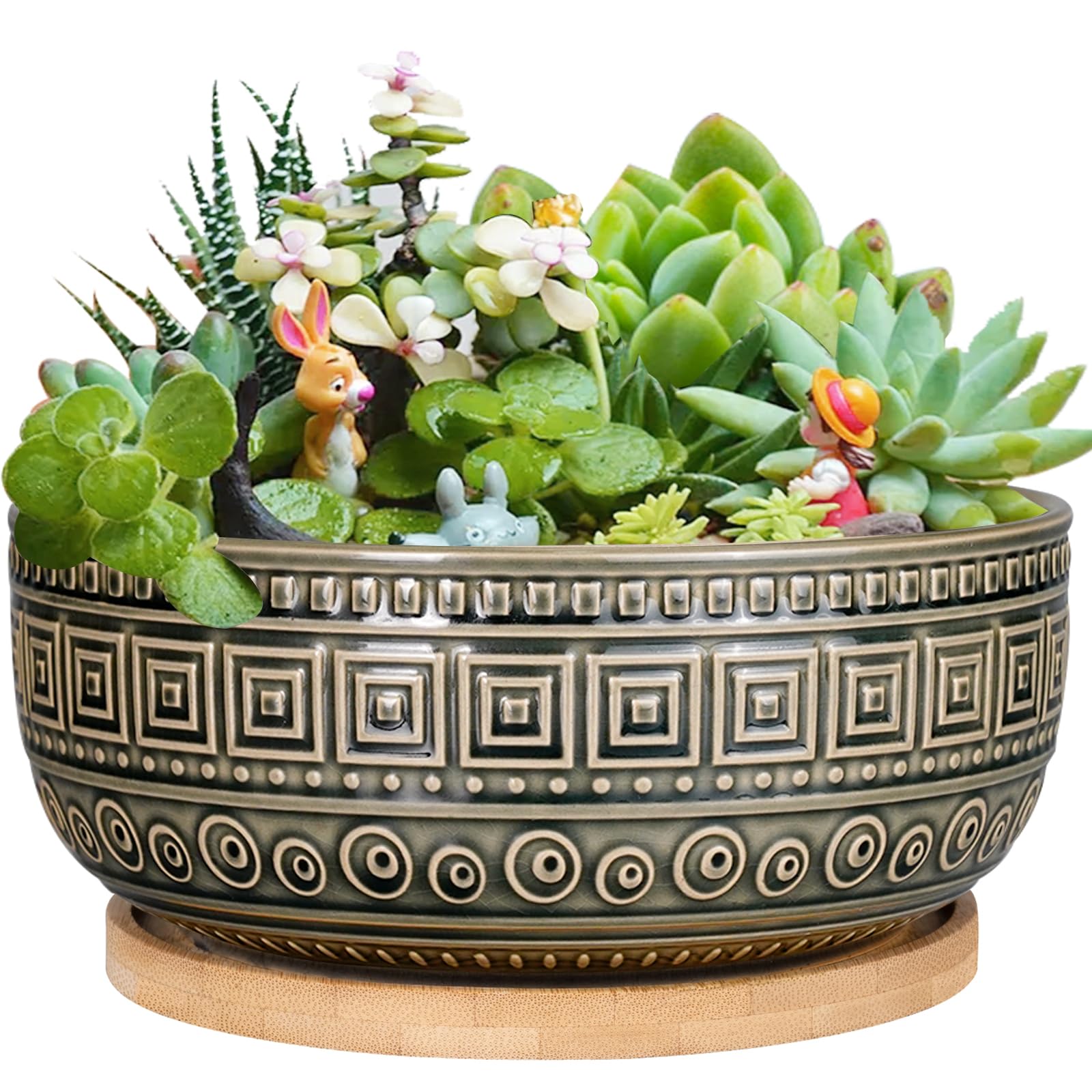 G EPGardening 20.5CM Ceramic Succulent Planter Pots for Indoor Plants Round Shallow Bonsai Planter Pot with Drainage and Bamboo Saucer Blue