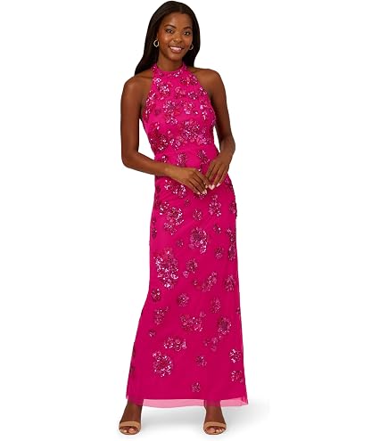 Adrianna Papell Womens Beaded Halter Special Occasion Dress, Magenta, 8 US : Clothing, Shoes & Jewelry