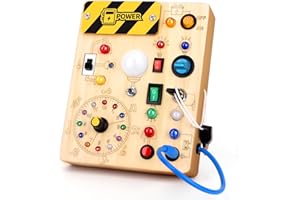 Busy Board Plus Version with 23 LED Lights, Montessori Sensory Fidget Toys for Toddlers 1-3, Wooden Educational Activity for 