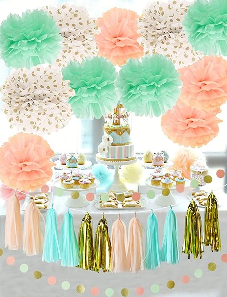 Furuix 26pcs Peach Mint Polka Dot Gold Tissue Pom Pom Flower