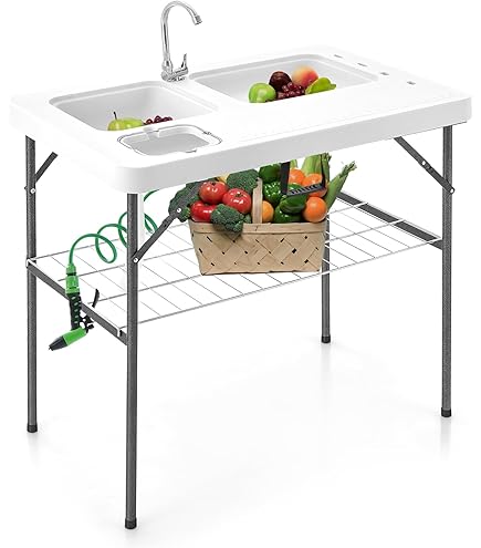GYMAX 3 En 1 Mesa Plegable Camping Multiusos, Estación De Limpieza De Pescado Con Fregadero Y Grifo, Mesa De Picnic Portátil Para Pesca, Barbacoa, 108 X 57,5 X 92,5 Cm