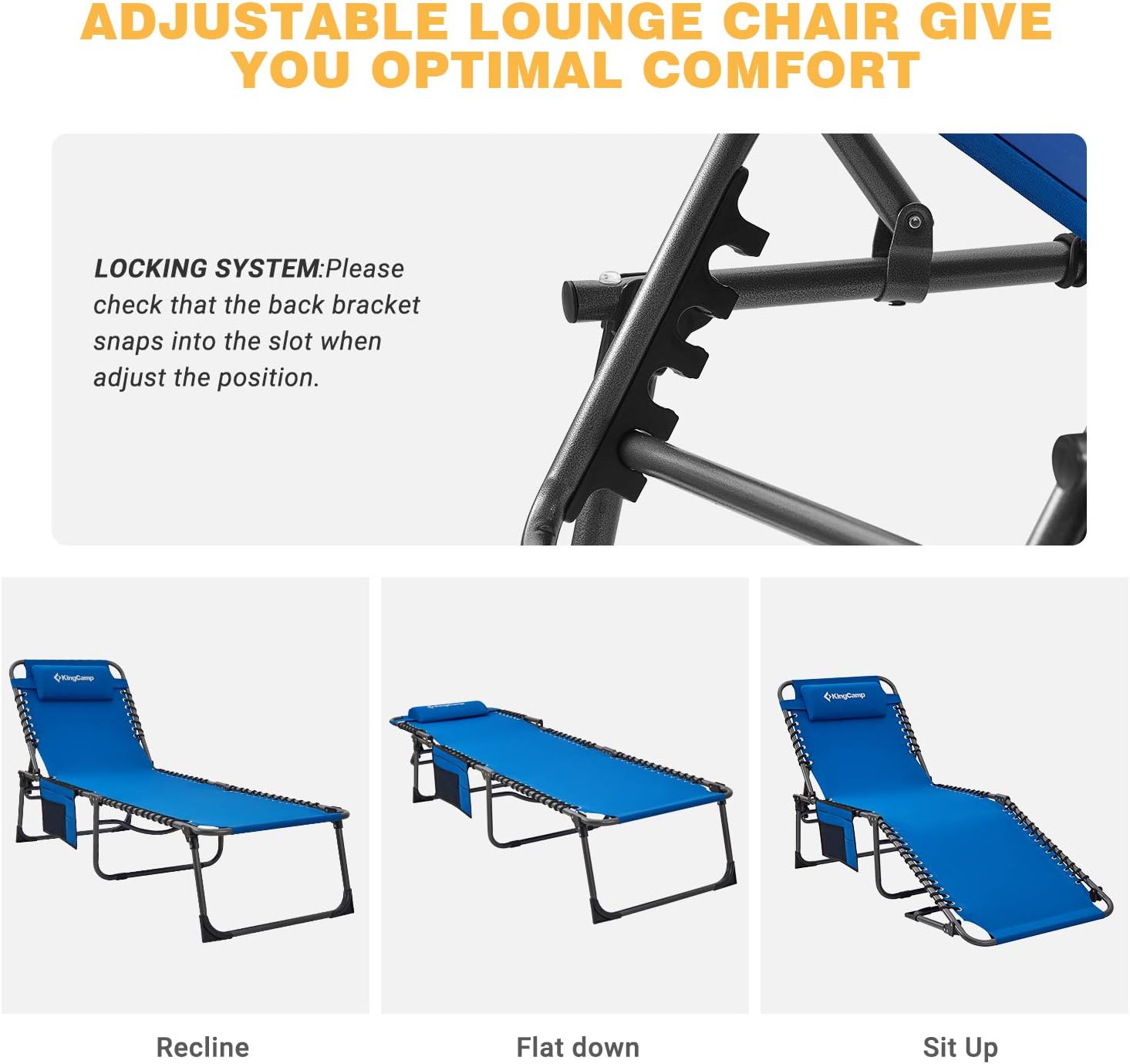 KingCamp 4-Fold Outdoor Folding Chaise Lounge Chair for Beach, Sunbathing, Patio, Pool, Lawn, Deck, Portable Lightweight Heavy-Duty Adjustable Camping Reclining Chair with Pillow, Blue : Garden & Outdoor