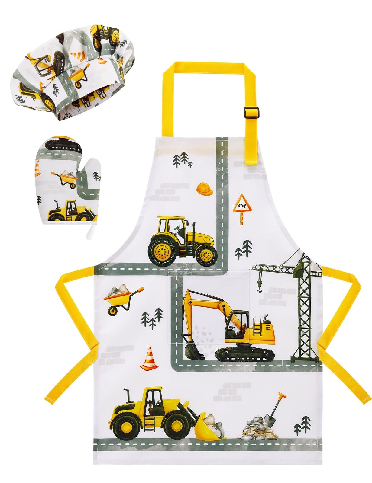 WERNNSAI Truck Kids Apron Set for Boys - Art Apron for Kids Waterproof Toddler Chef Cooking Aprons with Hat Oven Mittens Baking Painting Gardening Aprons Kitchen Classroom Art Smock Age 2-5 Years — image 1