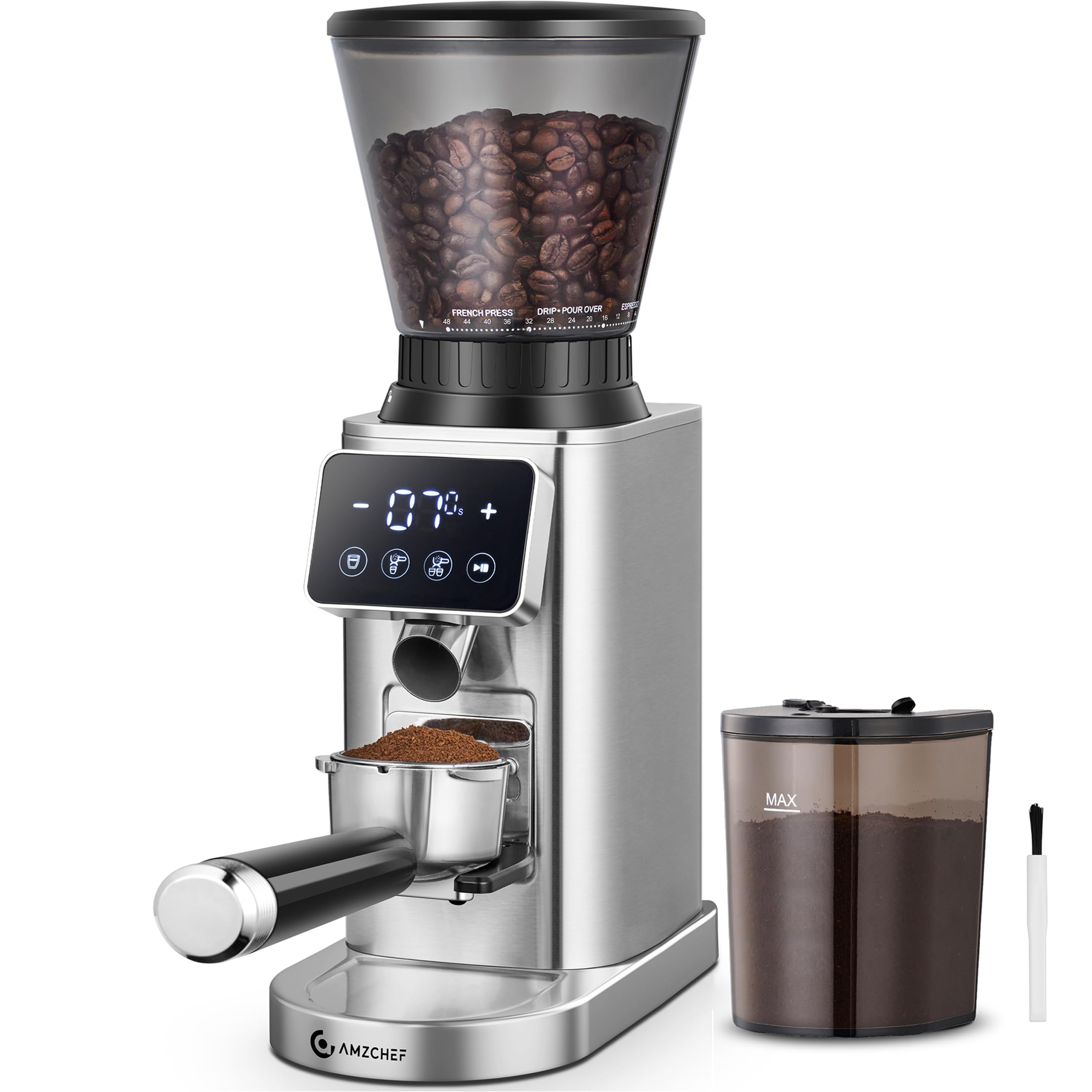 Photo 1 of AMZCHEF Coffee Grinder, Burr Coffee Bean Grinder for Home Use with 48 Precise Grind Settings, Detachable Funnel Stand for Espresso, LED Control Panel, Anti-static Design, silver