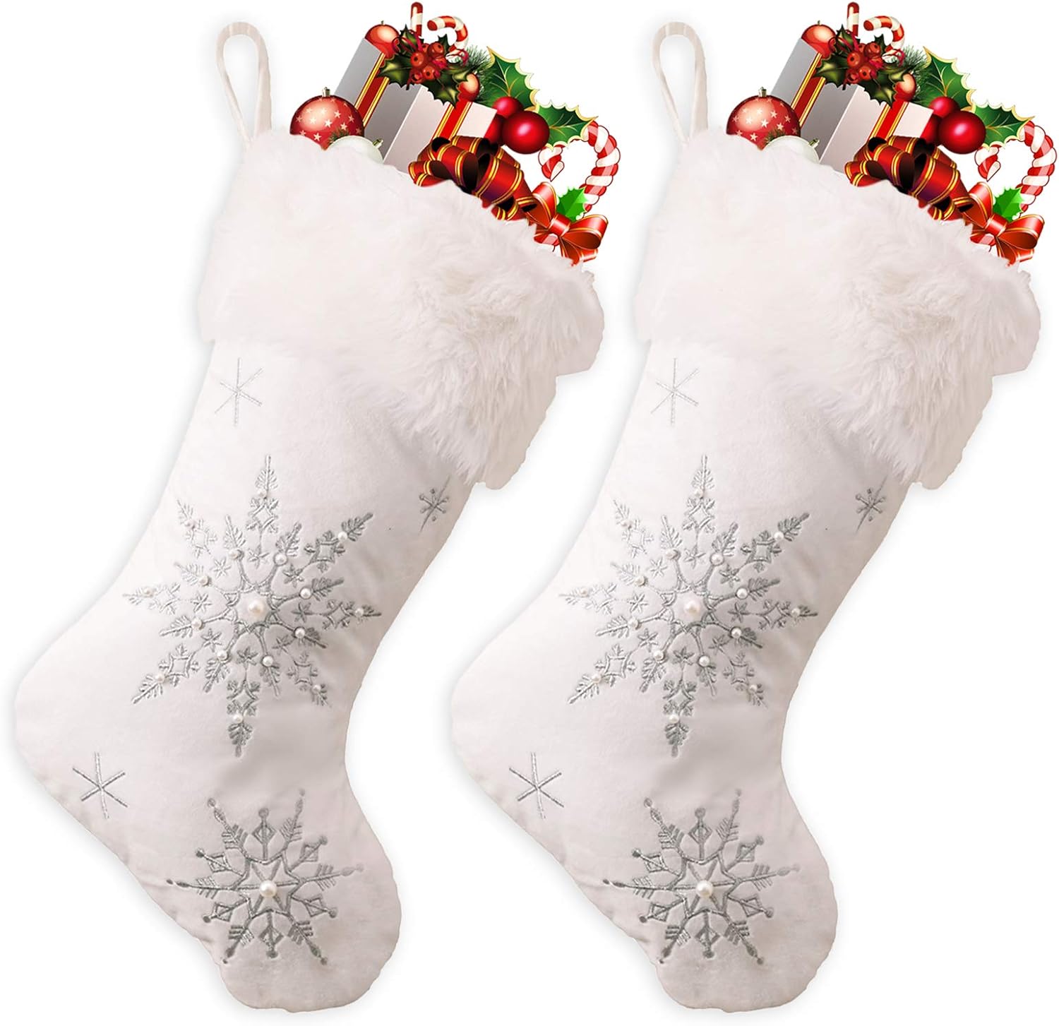 Stockings & Holders - Ushinemi Christmas Stockings Large White Christmas Stocking with Silver Snowflake Cross Stitch, Fur, 2 Pack