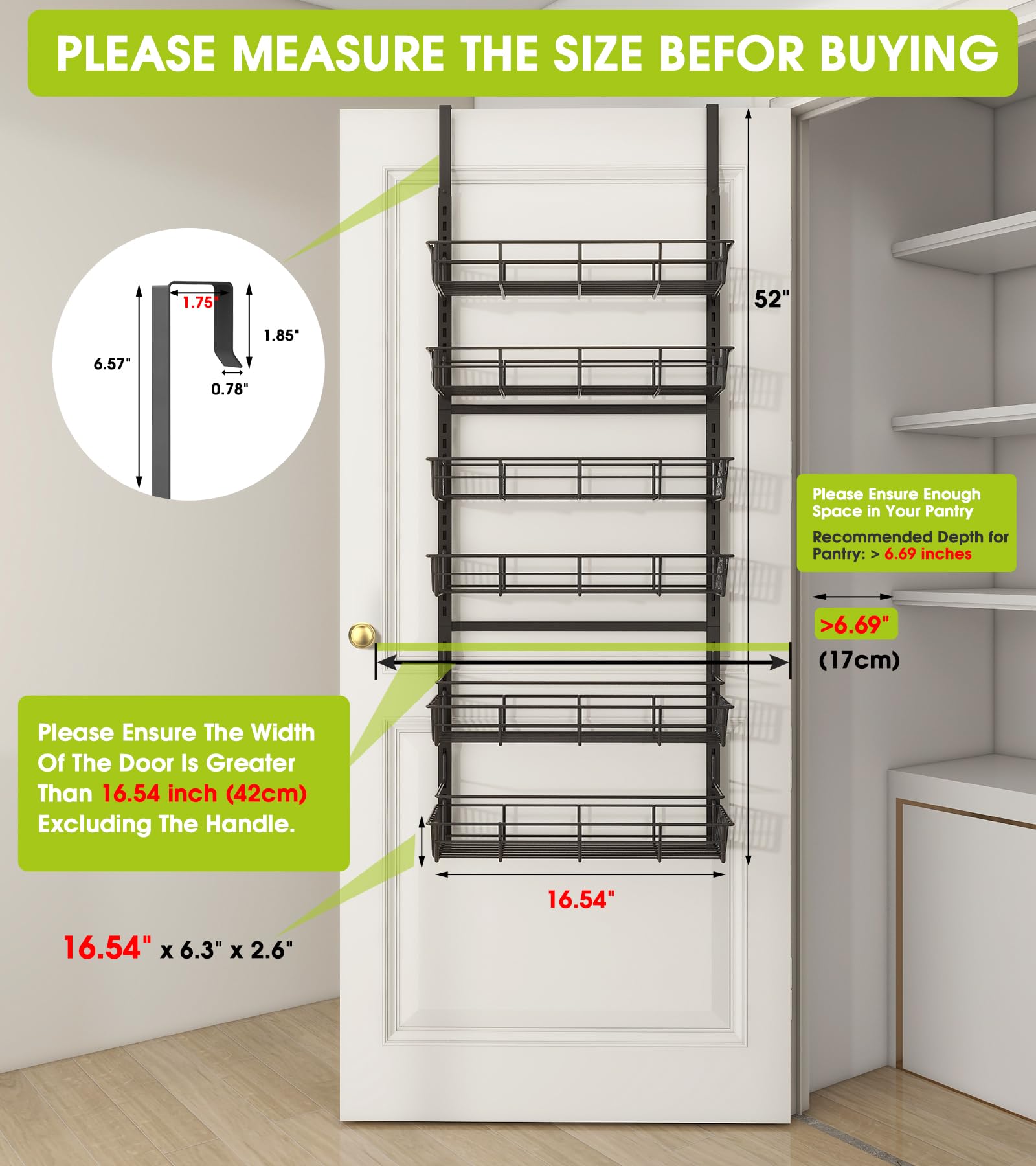 Over The Door Pantry Organizer, Pantry Storage and Organization, 6-Tier Adjustable Hanging Baskets, Metal Wall Mount Spice Rack Seasoning Shelves for Home & Kitchen, Laundry Bathroom - Black