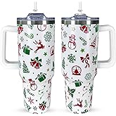 CHOKOMETRY 40 oz Christmas Tumbler With Handle Lid and Straw,5D Snowman Snowflake Elk Print Stainless Steel Insulated Travel Mug Xmas Coffee Cup Gifts for Men Women