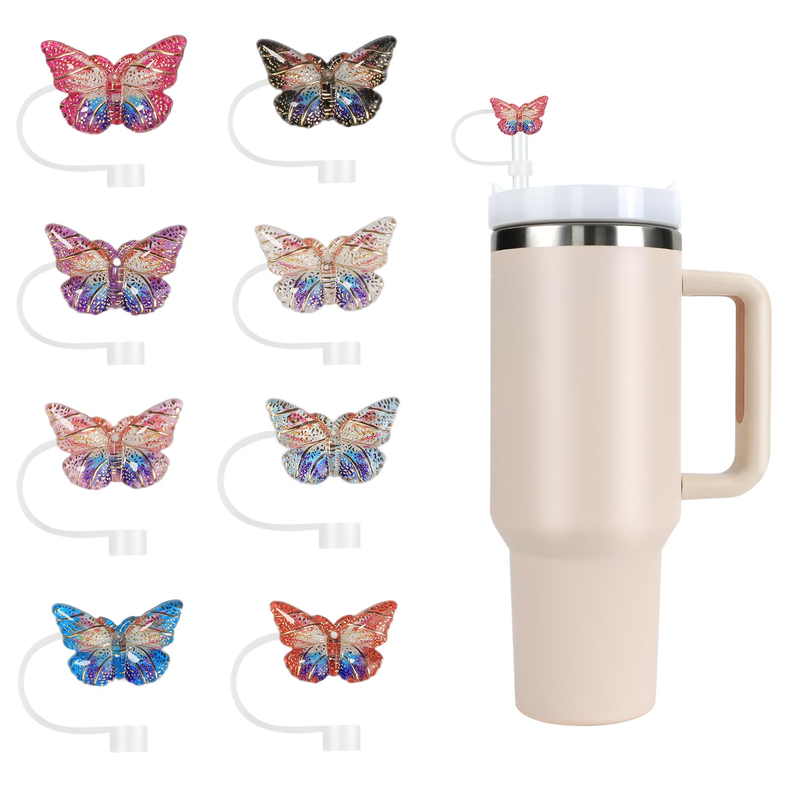 Photo 1 of Stanley Straw Cover Cap, 6PCS Glitter Toppers for Stanley Cup, Reusable Tumbler Accessories Compatible with 10mm Straw, Funny Gifts for Women & Girls (ButterflyD)