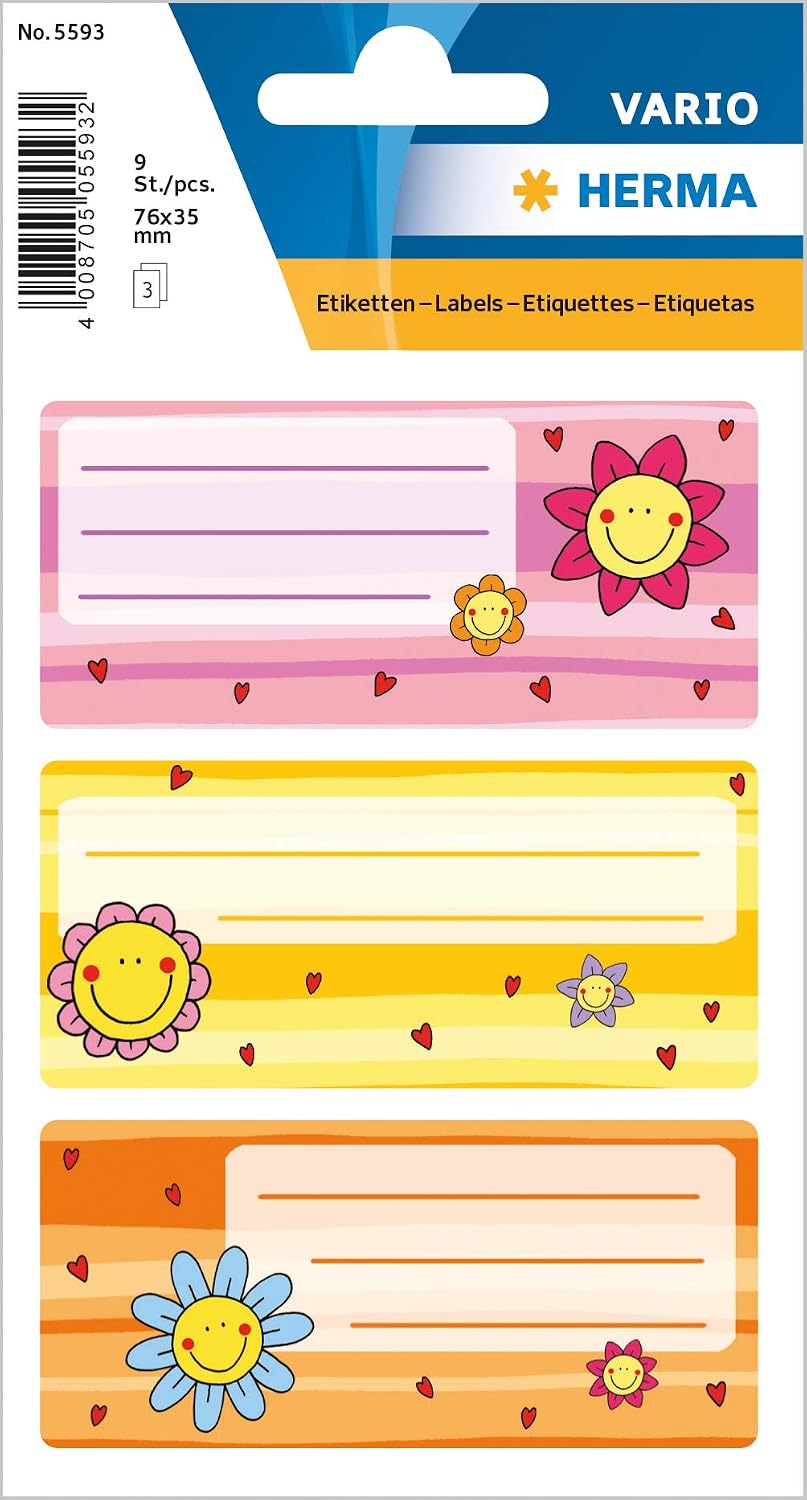 HERMA 5593 Book Labels for Writing Flower Faces 9 Pieces 76x35mm Self-Adhesive Lined Book Stickers for School Kids Girls Boys Multicoloured Notebook Labels Stickers Colourful