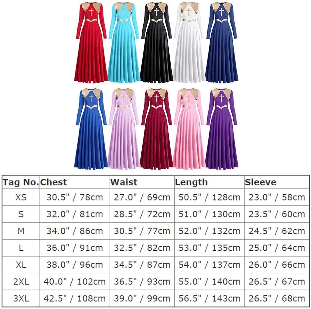 Women Metallic Cross Liturgical Praise Dance Dress Lyrical Dancewear Color Block Full Length Robe Worship Costume: Clothing