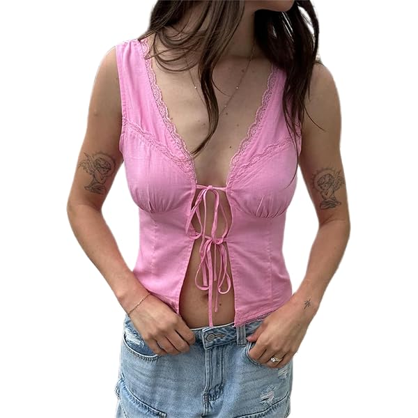 Women's Floral Lace Crop Top - Front Tie V-Neck Sleeveless Blouse For Party & Going Out
