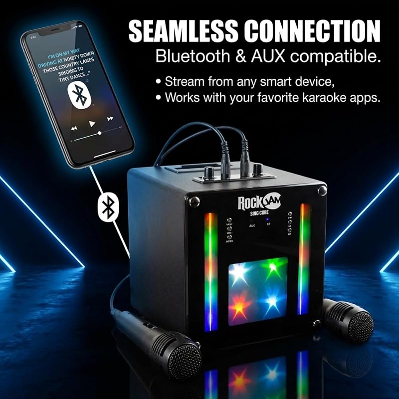 Singcube - Máquina de Karaoke Bluetooth recarregável de 5 watts com dois microfones, efeitos de alteração de voz e luzes LED, cor preta