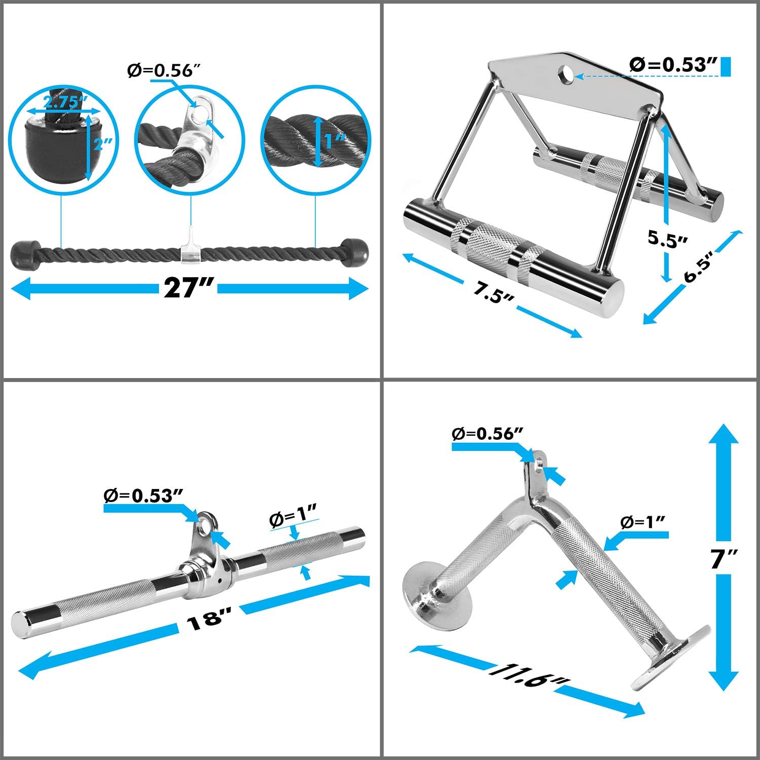 A2ZCARE Combo Tricep Press Down Cable Attachment | Multi-Option: Double D Handle, V-Shaped Bar, Tricep Rope, Rotating Straight Bar (V Handle+Tricep Rope+Rotating Bar+V-Shaped Bar) : Sports & Outdoors