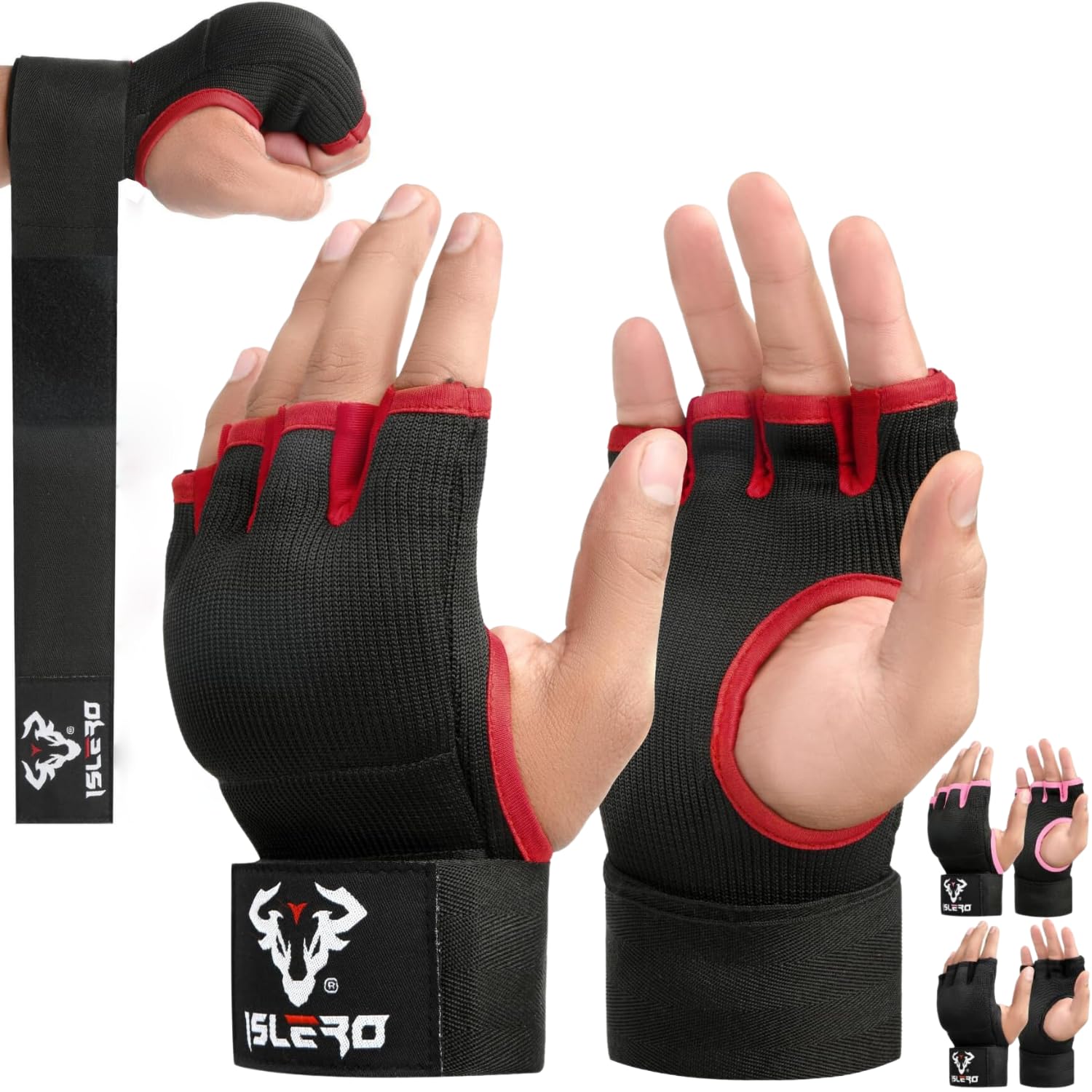 Islero boxing hand wraps 93cm Quick Long wrist straps Gel Inner gloves Elasticated Fist Protection Padded Muay Thai MMA Martial Arts Punching Speed Bag Training Bandages (S/M, Red)