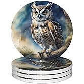 Drinks Coasters Set of 4, Owl Round 4" Cup Coasters, Absorbent Ceramic Stone Coasters with Cork Base, Cute Coasters for Table Home Décor, Ideal Gifts for Women Men